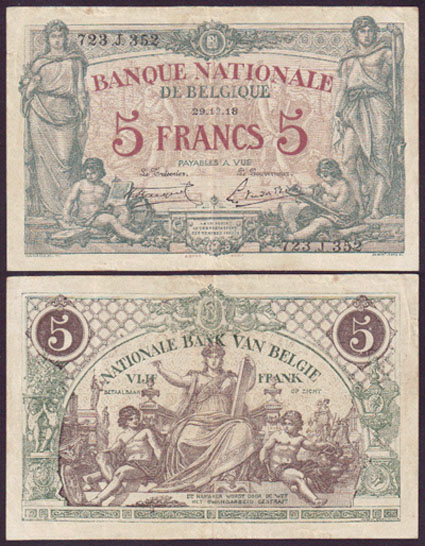 1918 Belgium 5 Francs L001199